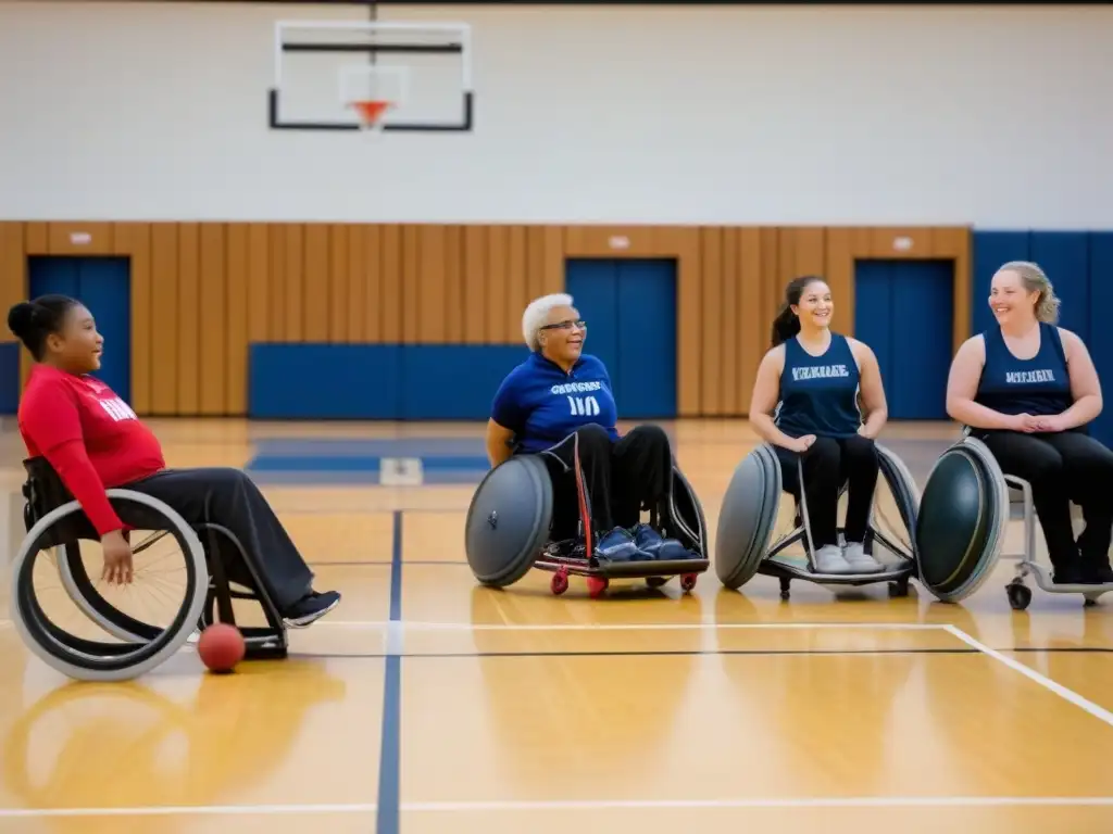 Grupo diverso de estudiantes disfrutando de beneficios educación física inclusiva en gimnasio vibrante y equipado