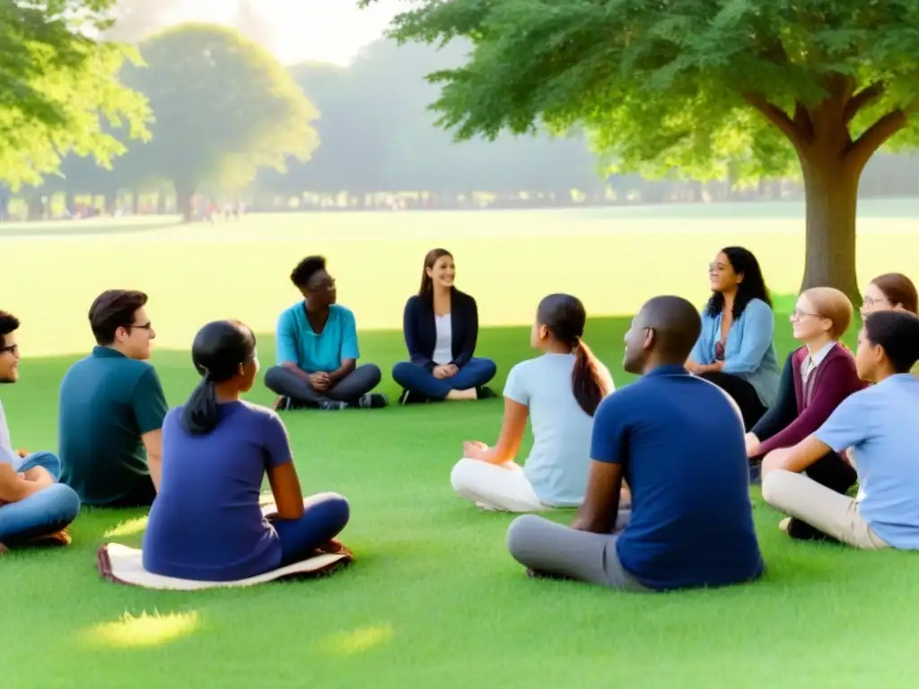 Grupo diverso de estudiantes en círculo en campo, dialogando con empatía y luz suave entre árboles