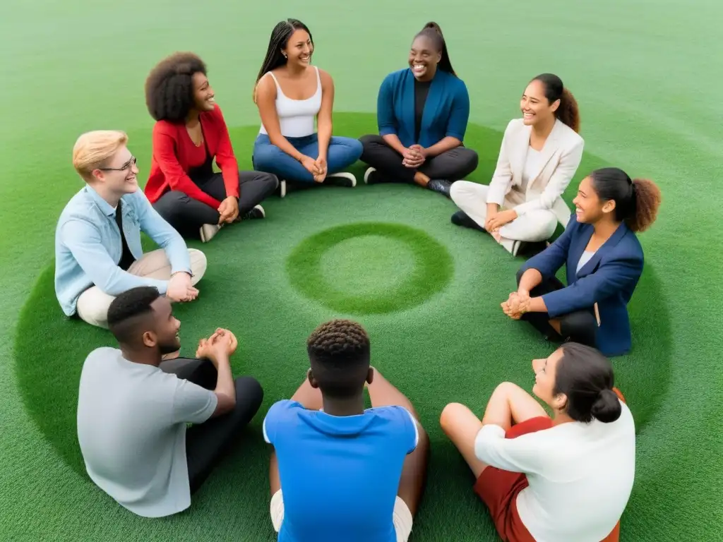 Grupo diverso de estudiantes en círculo en campo verde, bajo cielo azul, discutiendo y escuchando