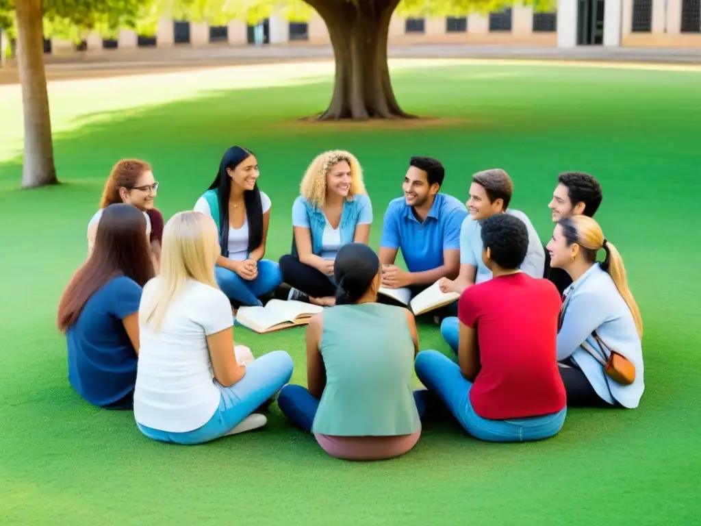 Grupo diverso de estudiantes en círculo colaborativo en campus de Uruguay