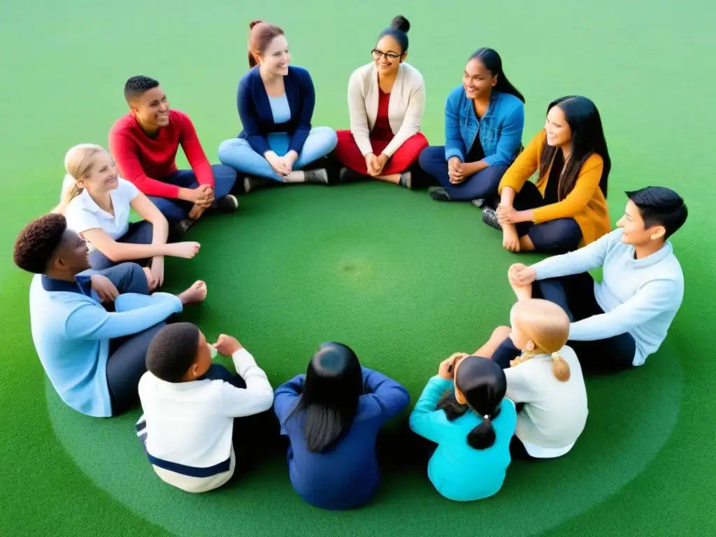 Grupo diverso de estudiantes en círculo, discutiendo animadamente en un patio escolar verde bajo cielo azul