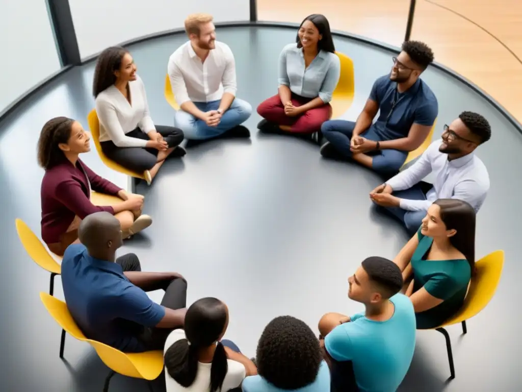 Grupo diverso de estudiantes en círculo, discutiendo en aula moderna