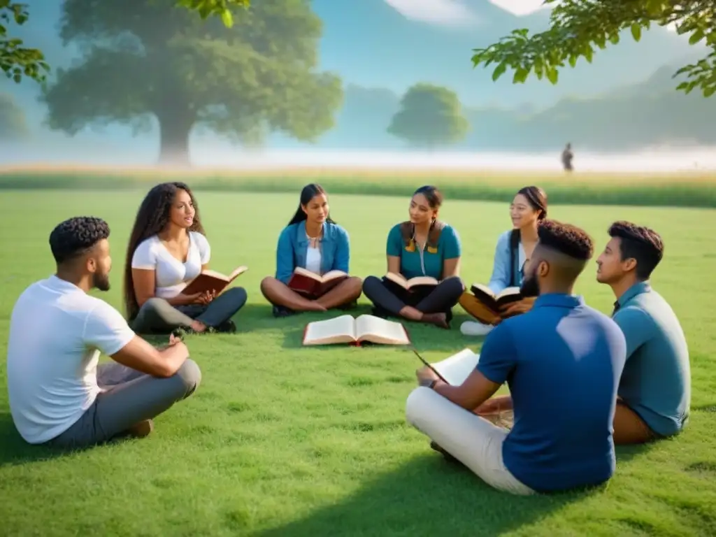 Grupo diverso de estudiantes en círculo, escuchando un cuento al aire libre