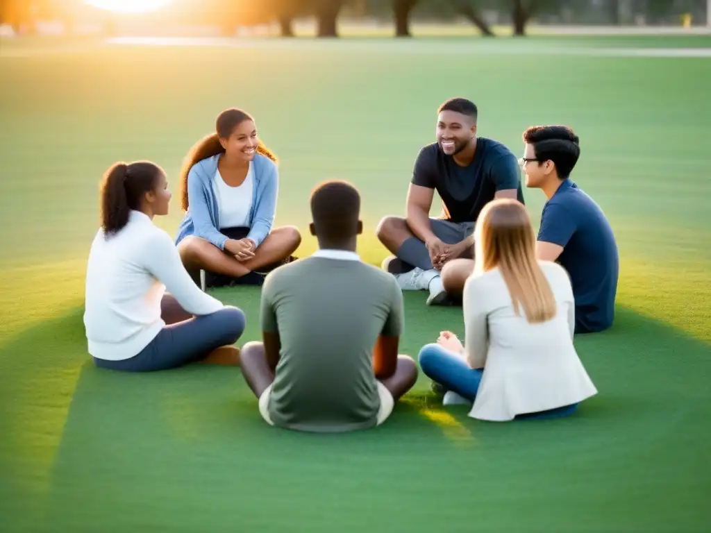 Un grupo diverso de estudiantes se reúne en círculo en un campo, discutiendo al atardecer