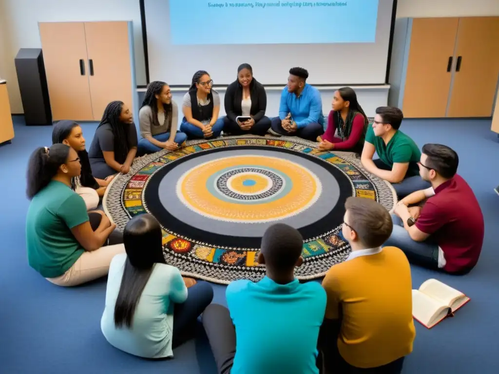 Grupo diverso de estudiantes en círculo, dialogando y aprendiendo juntos en aula inclusiva