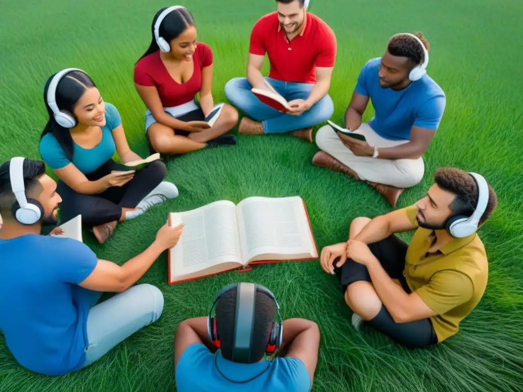 Grupo diverso de estudiantes en círculo, disfrutando de educación bilingüe en Uruguay bajo cielo azul y pasto verde vibrante