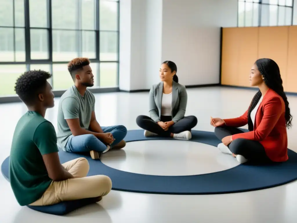 Un grupo diverso de estudiantes se reúne en círculo en un aula moderna iluminada por luz natural