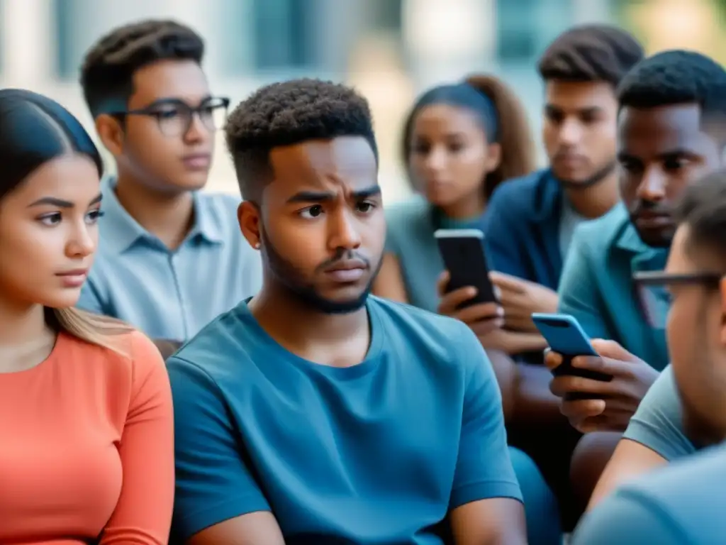 Grupo diverso de estudiantes en círculo absortos en sus smartphones, expresiones de preocupación