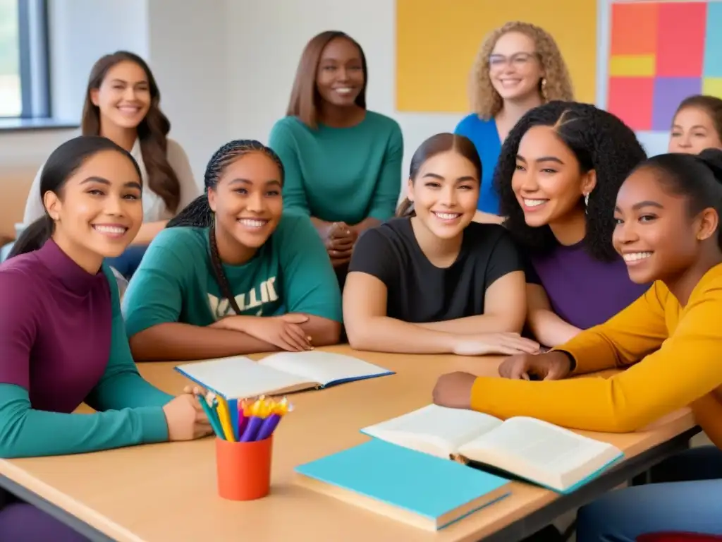 Un grupo diverso de estudiantes se unen en círculo, con expresiones de apoyo y empoderamiento, rodeados de materiales educativos inclusivos