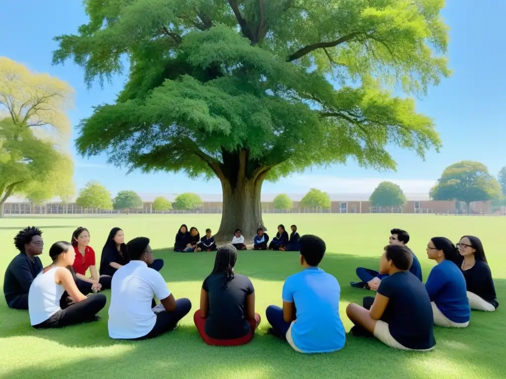 Grupo diverso de estudiantes en círculo bajo un árbol, dialogando en un campo