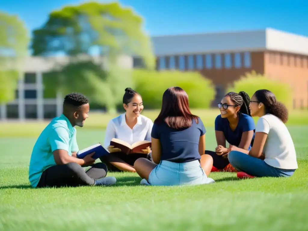 Grupo diverso de estudiantes en círculo sobre césped, discutiendo y leyendo libros