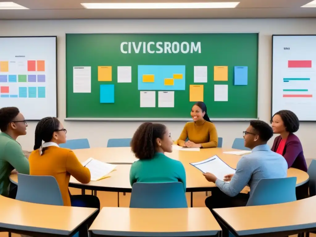 Grupo diverso de estudiantes debatiendo sobre educación cívica en Uruguay en aula moderna