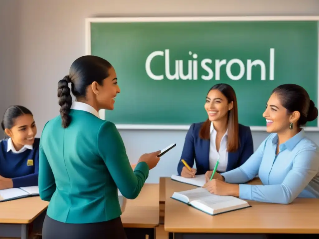 Grupo diverso de estudiantes participando en clase bilingüe en Uruguay