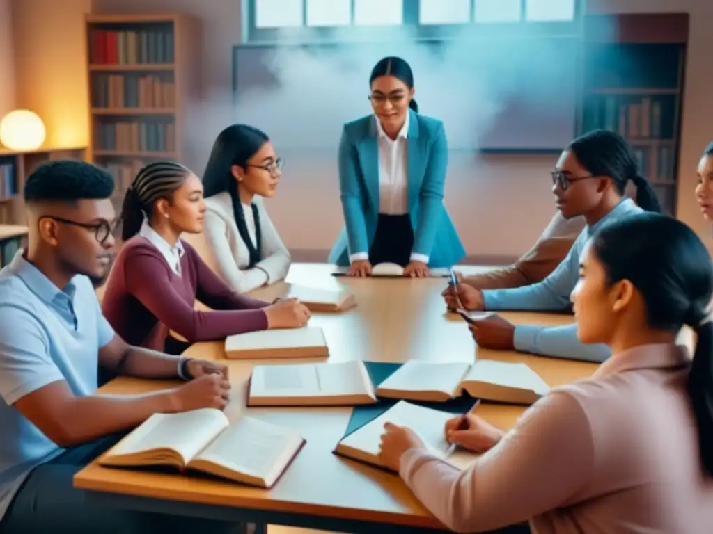 Un grupo diverso de estudiantes participa en una clase de idiomas, rodeados de símbolos multiculturales