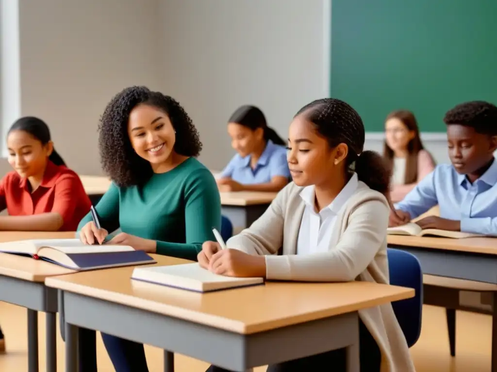 Grupo diverso de estudiantes comprometidos en un aula inclusiva, fomentando la relación educación superior desarrollo socioeconómico