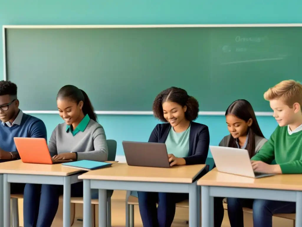 Grupo diverso de estudiantes comprometidos usando dispositivos digitales en aula moderna