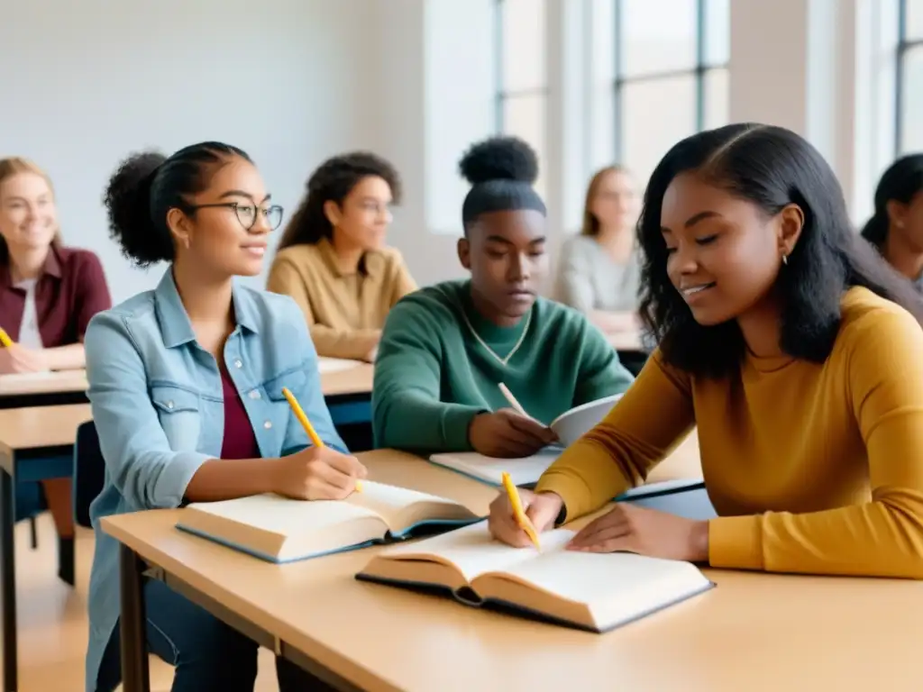 Un grupo diverso de estudiantes comprometidos estudia juntos, fomentando la inclusión educativa y el rendimiento académico