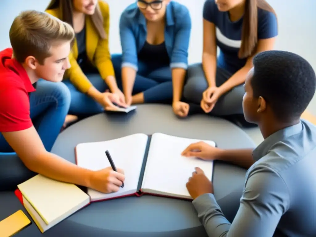 Un grupo diverso de estudiantes colabora con compromiso en un aula invertida, compartiendo ideas y trabajando juntos en círculo