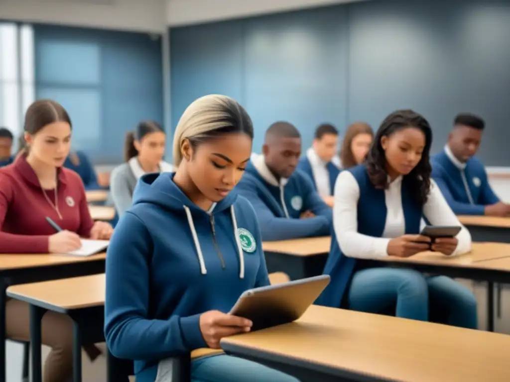 Grupo diverso de estudiantes concentrados en sus apps móviles de aprendizaje en un aula moderna