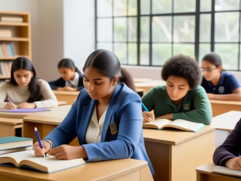 Grupo diverso de estudiantes concentrados en sus estudios, rodeados de libros y materiales educativos, en un aula inclusiva de Uruguay