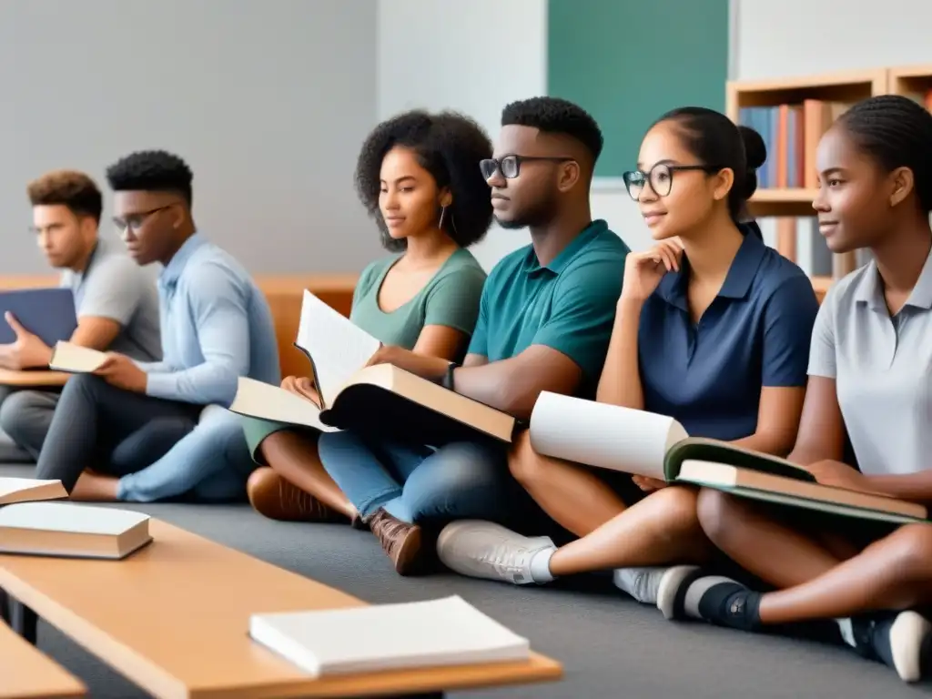 Un grupo diverso de estudiantes concentrados en sus materiales de estudio, preparando aplicaciones de becas en un ambiente colaborativo y motivador