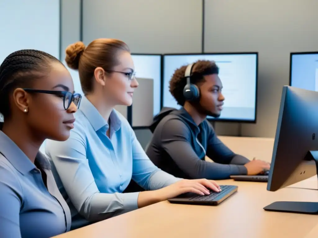 Grupo diverso de estudiantes concentrados en sesión online de aprendizaje activo, en aula virtual moderna