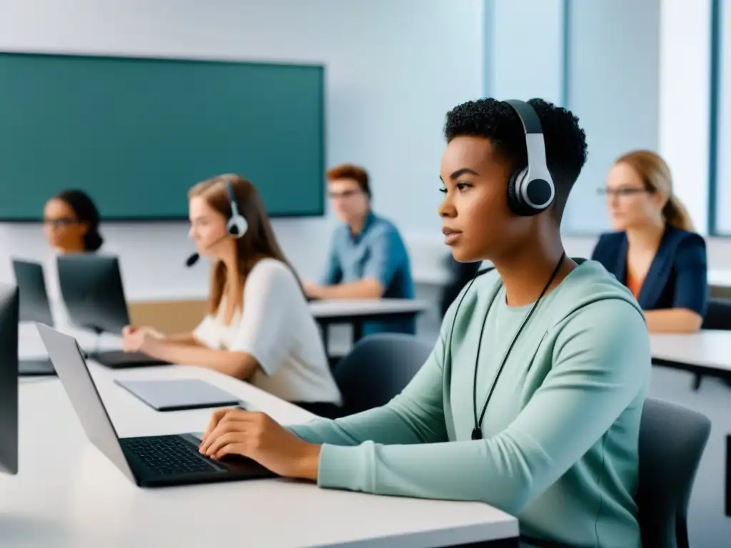 Grupo diverso de estudiantes concentrados en una sesión de elearning, en un aula virtual moderna y minimalista