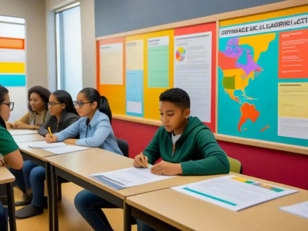 Grupo diverso de estudiantes concentrados en actividad de aprendizaje integrado de lengua extranjera en aula moderna y colorida