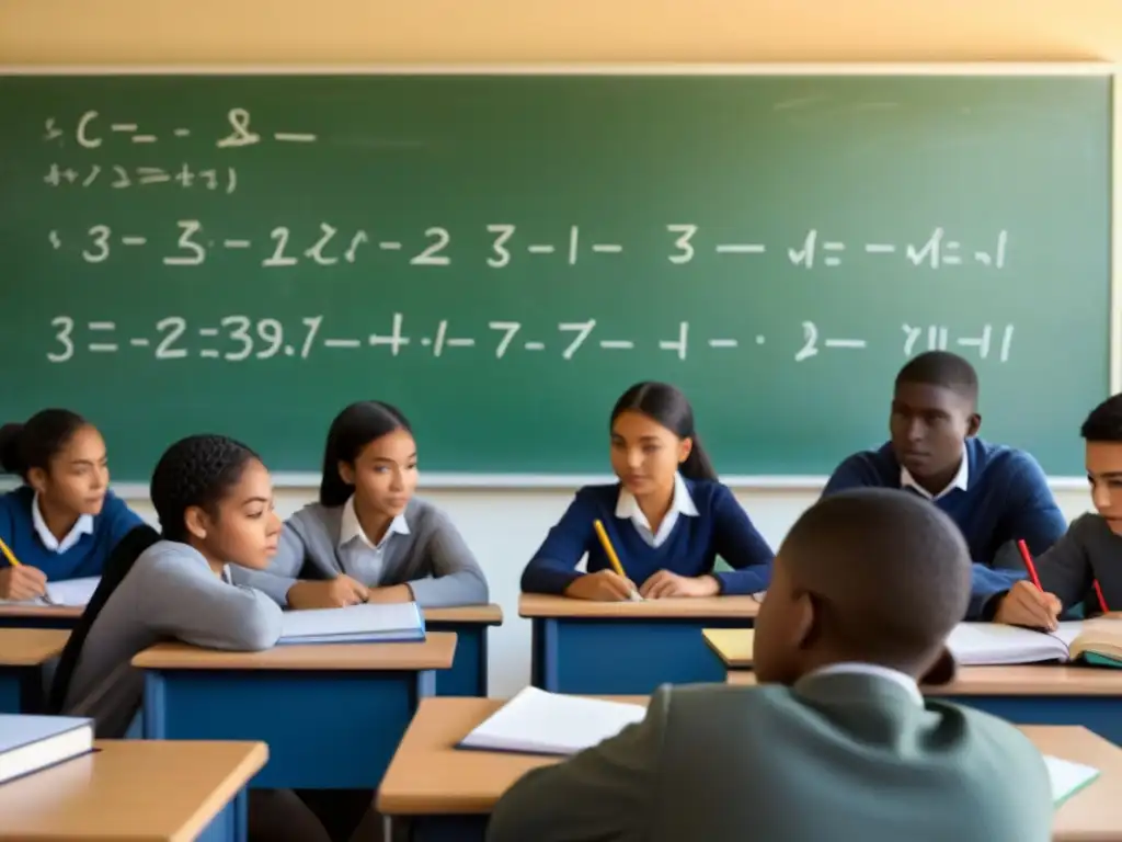 Un grupo diverso de estudiantes concentrados en sus estudios en un aula, rodeados de material educativo