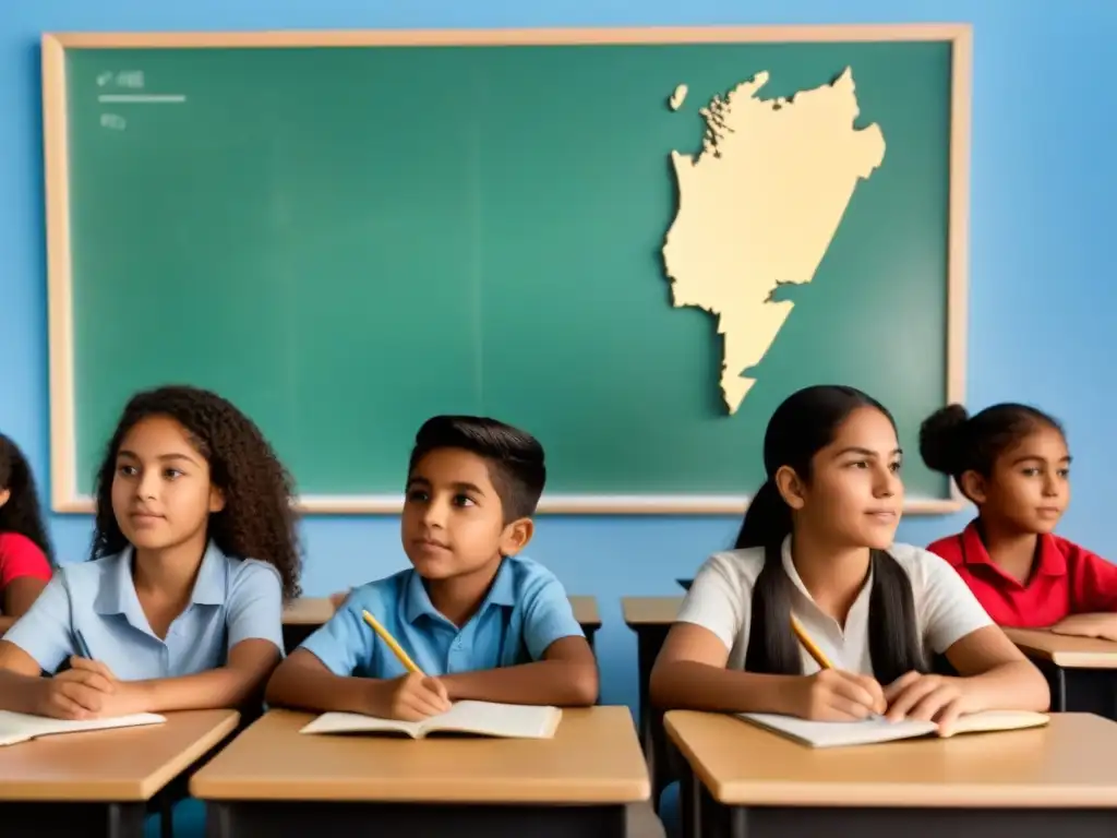 Un grupo diverso de estudiantes concentrados y curiosos en un aula con mapa de Uruguay, reflejando la educación y la identidad nacional