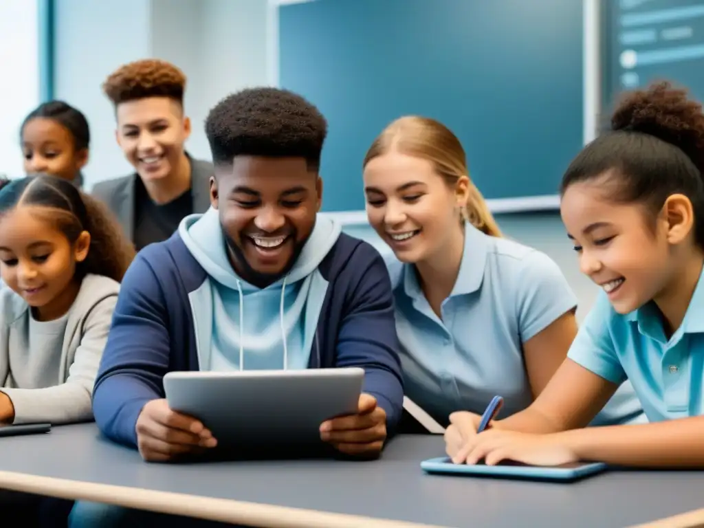 Grupo diverso de estudiantes concentrados y emocionados jugando en dispositivos en aula moderna