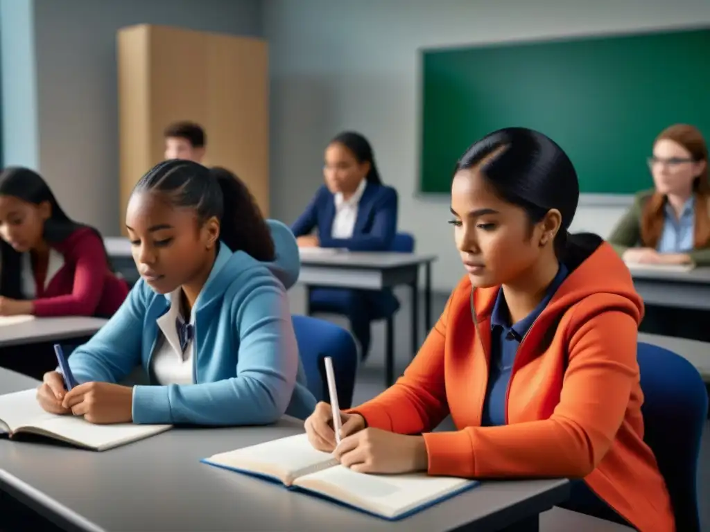 Grupo diverso de estudiantes concentrados en actividad colaborativa en aula moderna, simbolizando desafíos educación Uruguay siglo XXI