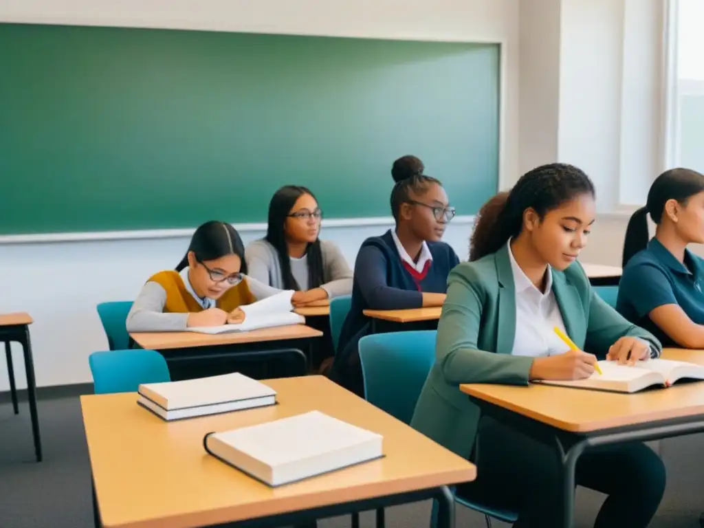 Grupo diverso de estudiantes concentrados en la clase, simbolizando inclusividad y diversidad en educación