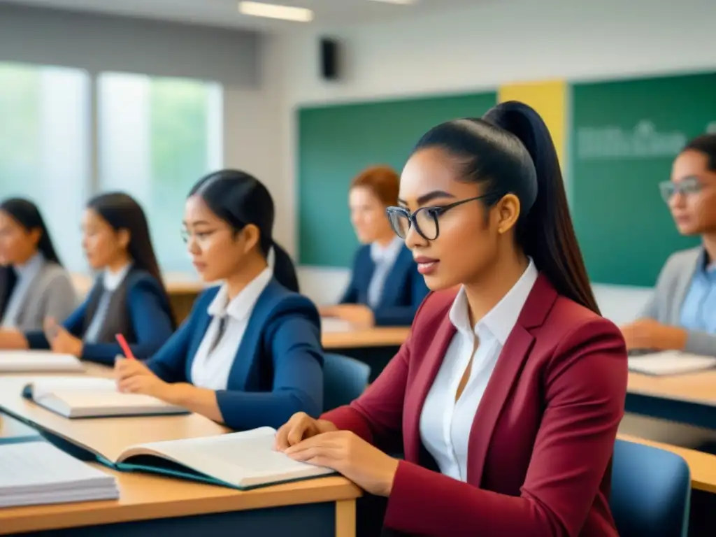 Grupo diverso de estudiantes concentrados en un aula bilingüe, potenciando las ventajas educación bilingüe largo plazo