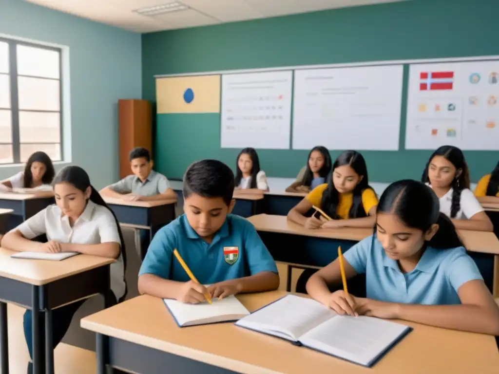 Aprendizaje colaborativo multicultural en aula uruguaya Grupo diverso de estudiantes concentrados en actividad colaborativa en aula moderna