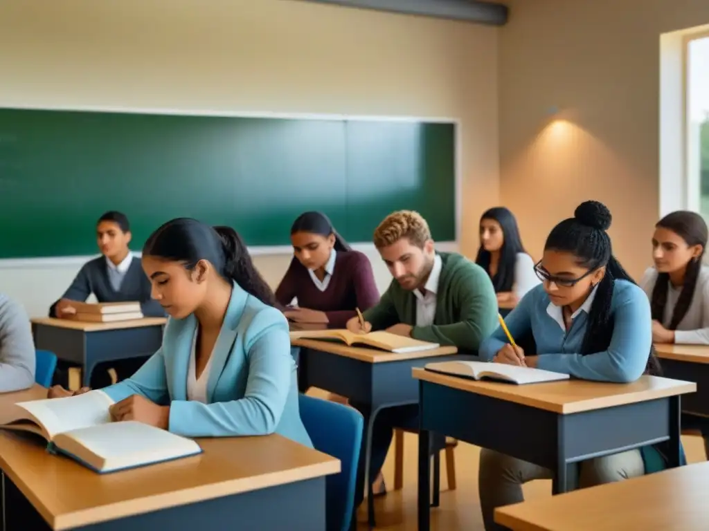 Grupo diverso de estudiantes concentrados estudiando juntos en un aula moderna en Uruguay