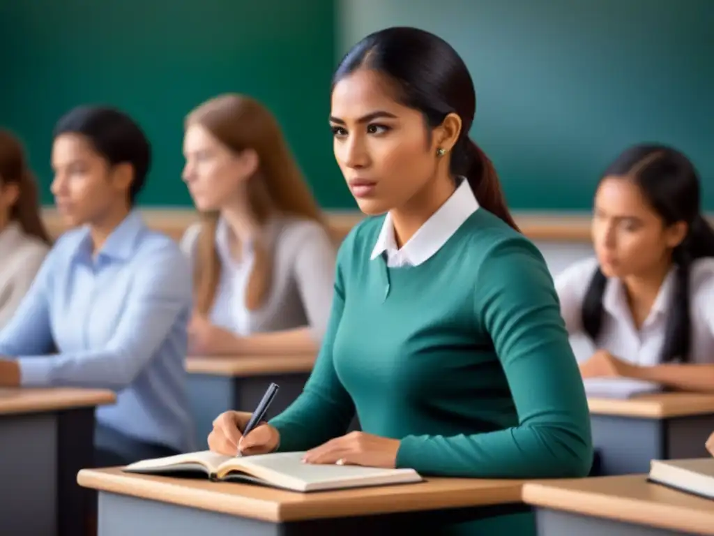 Un grupo diverso de estudiantes concentrados en una lección de inglés en Uruguay, destacando metodologías efectivas