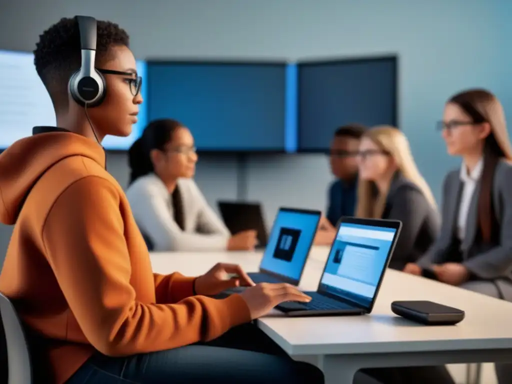 Grupo diverso de estudiantes concentrados en plataformas AdTech educación Uruguay en aula virtual moderna