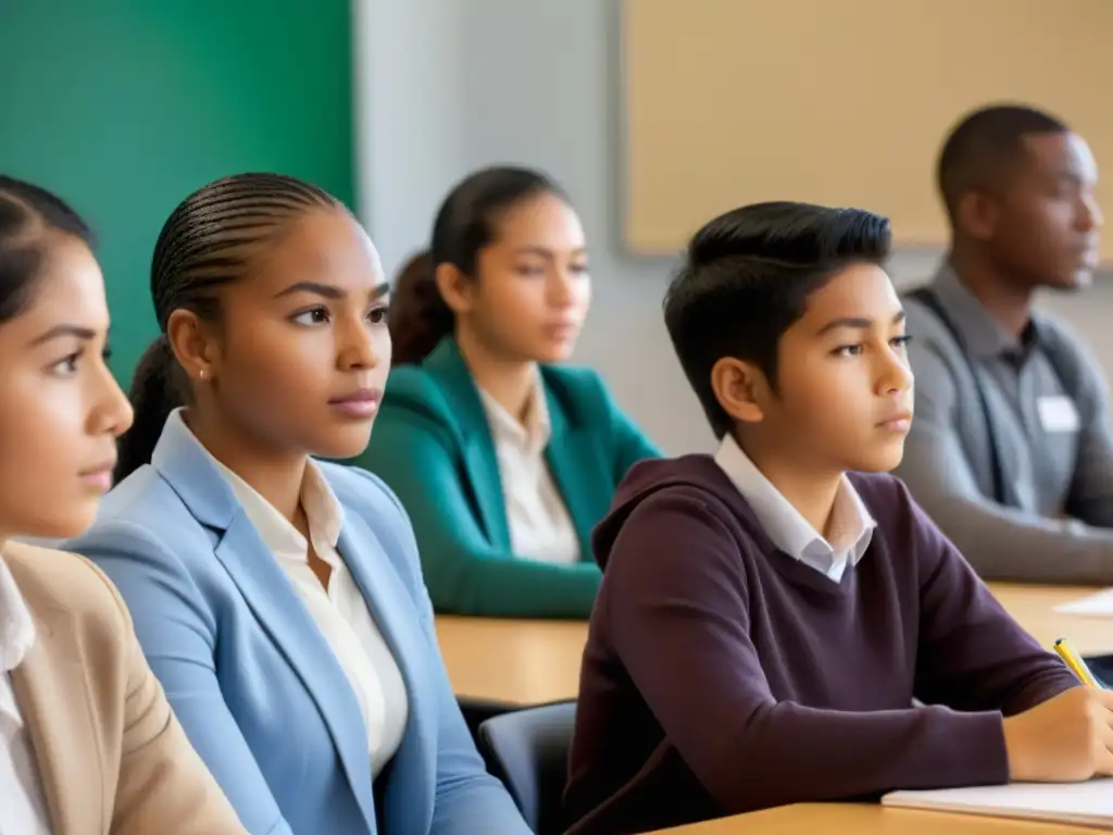 Grupo diverso de estudiantes concentrados en clase, reflejando determinación