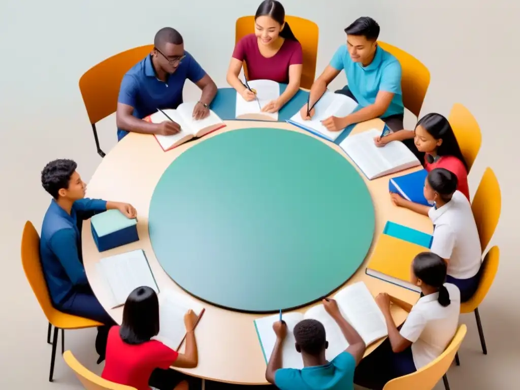 Un grupo diverso de estudiantes concentrados escribiendo en su segundo idioma, fomentando la colaboración y la mejora de habilidades lectoescritura segundo idioma