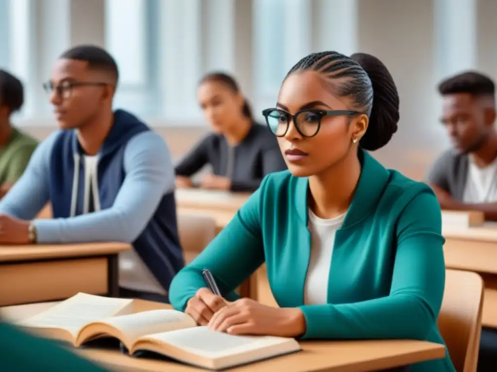 Un grupo diverso de estudiantes concentrados en un aula moderna y luminosa, preparándose para la universidad sin endeudarse