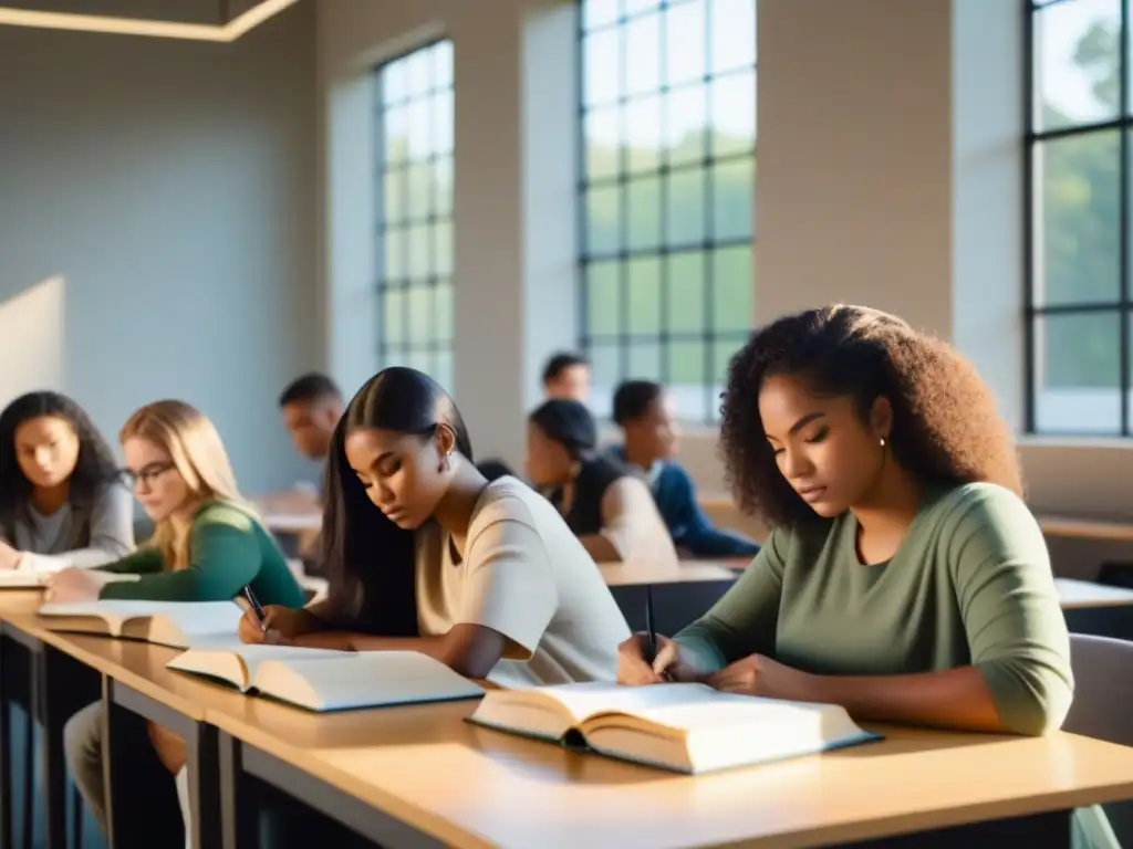 Grupo diverso de estudiantes concentrados estudiando juntos en aula moderna con luz natural