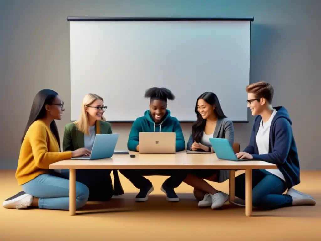 Un grupo diverso de estudiantes colaborando en contenido interactivo en un aula invertida, con tecnología moderna