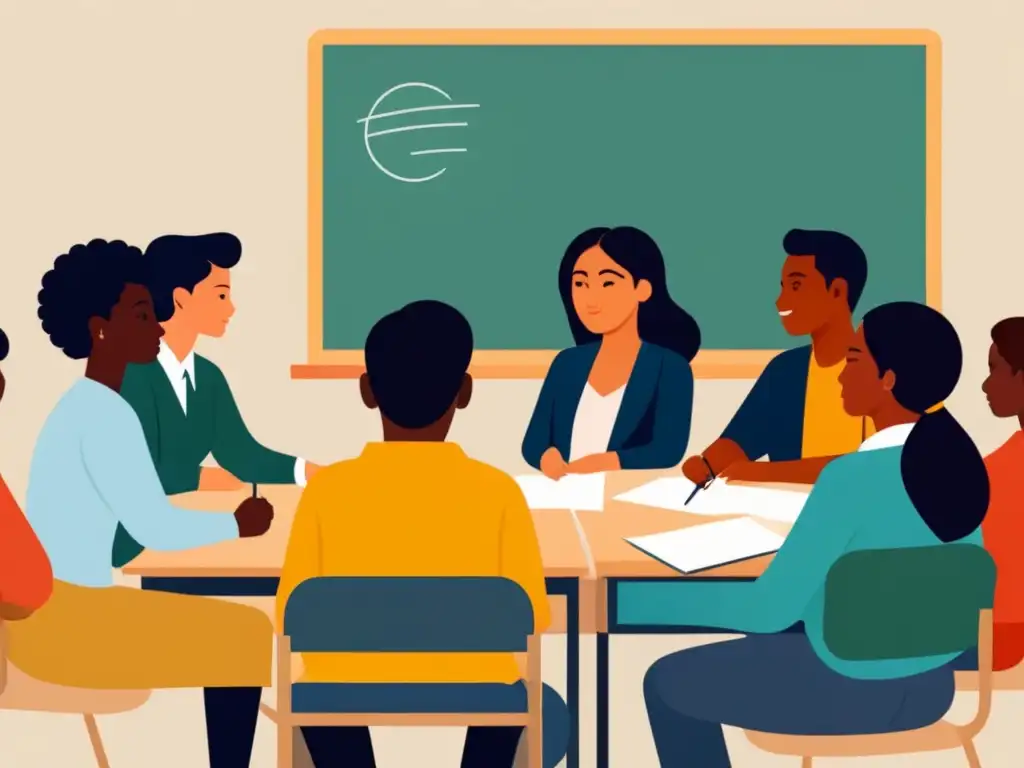 Grupo diverso de estudiantes debatiendo sobre derechos humanos y equidad de género en aula