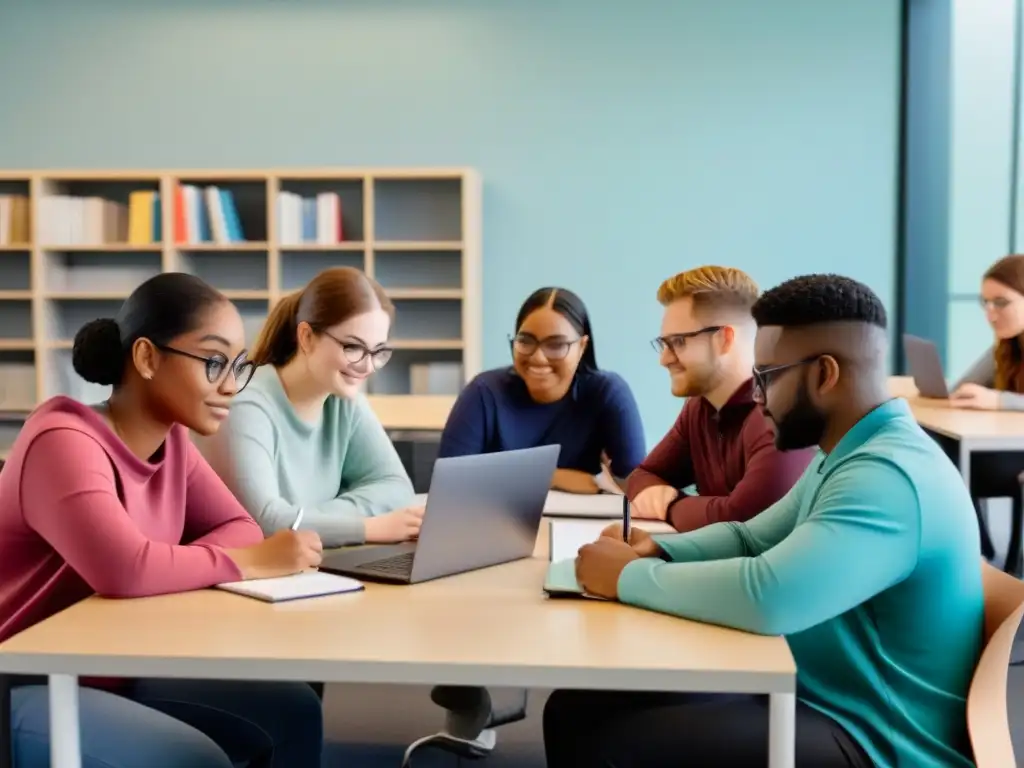 Grupo diverso de estudiantes con discapacidad en sesión de estudio, mostrando colaboración y determinación