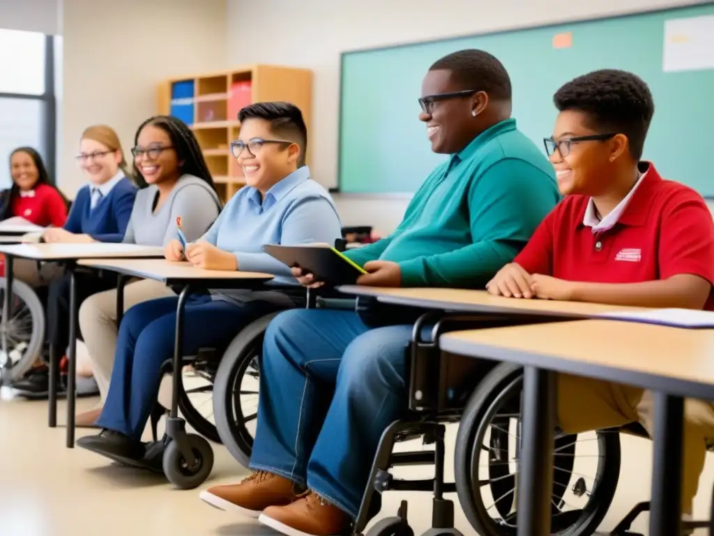 Grupo diverso de estudiantes con discapacidades y habilidades en aula inclusiva con materiales educativos especiales en Uruguay