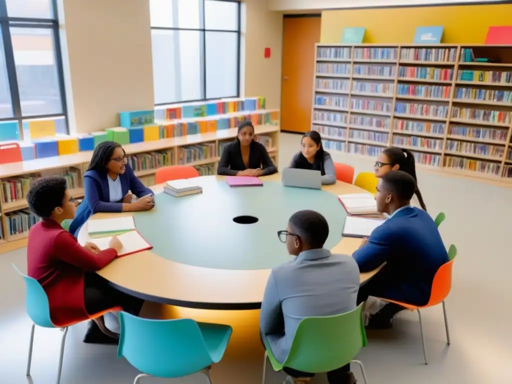 Grupo diverso de estudiantes participando en una discusión en un aula inclusiva, reflejando métodos de enseñanza inclusivos en Uruguay