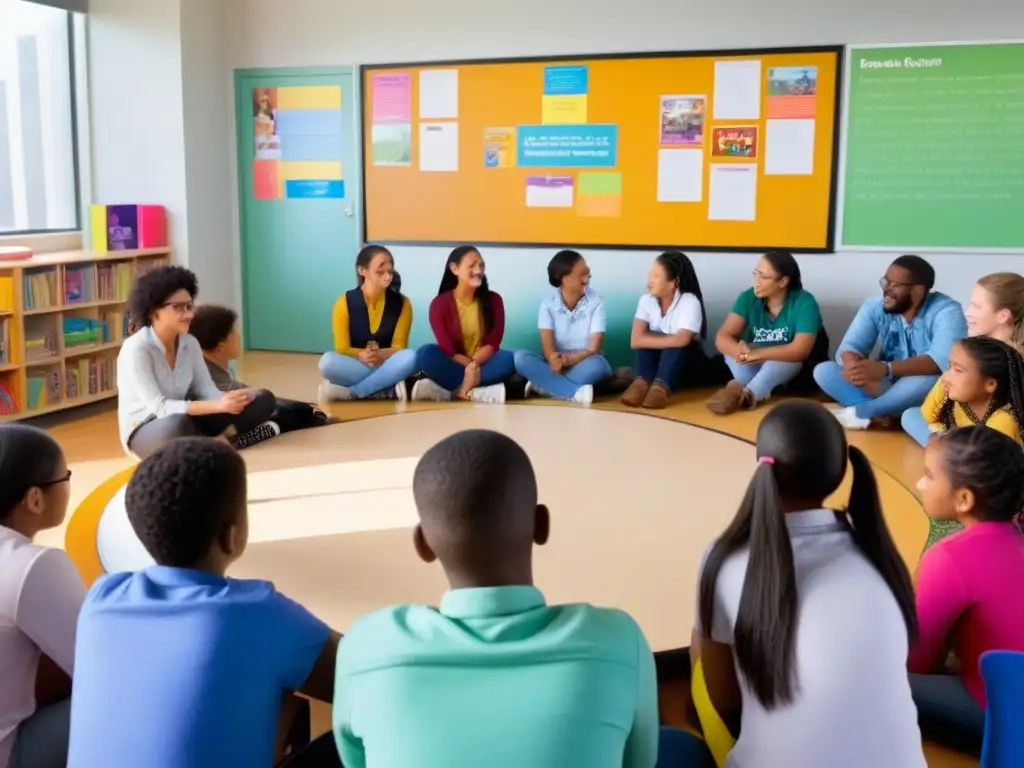 Grupo diverso de estudiantes participando en una discusión en un aula inclusiva