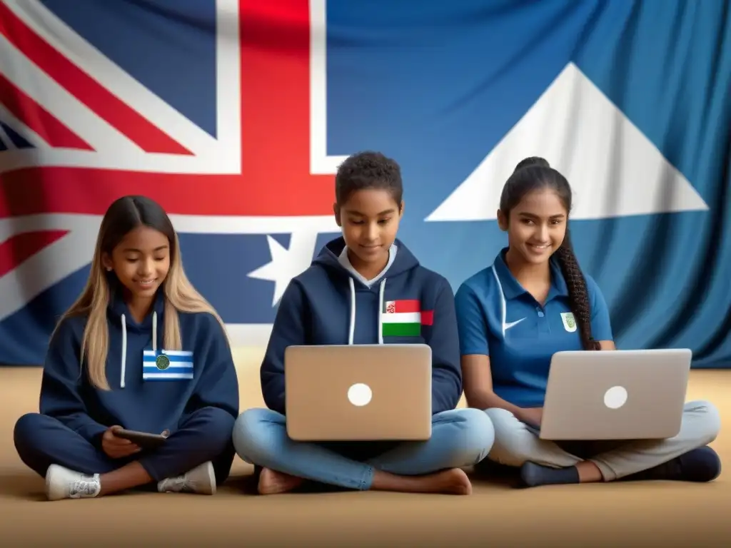 Un grupo diverso de estudiantes de diferentes edades y etnias participando en actividades de aprendizaje en línea, con la bandera uruguaya en el fondo