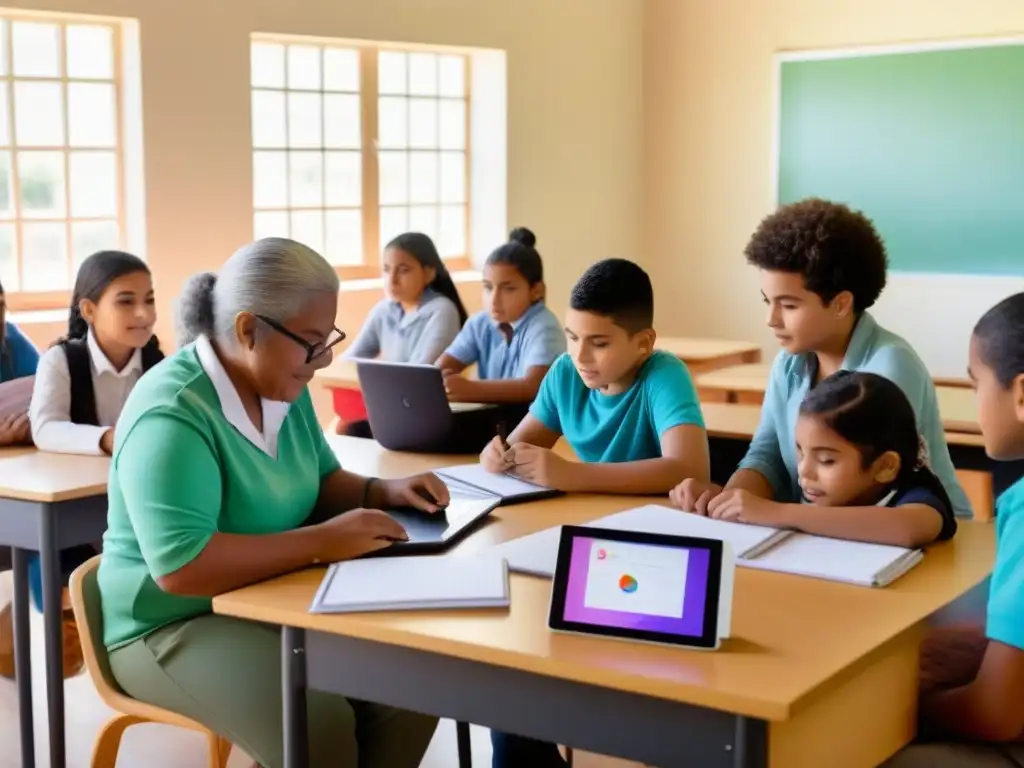 Clase innovadora: estudiantes diversos colaborando en Uruguay Grupo diverso de estudiantes colaborando en innovación educativa en Uruguay